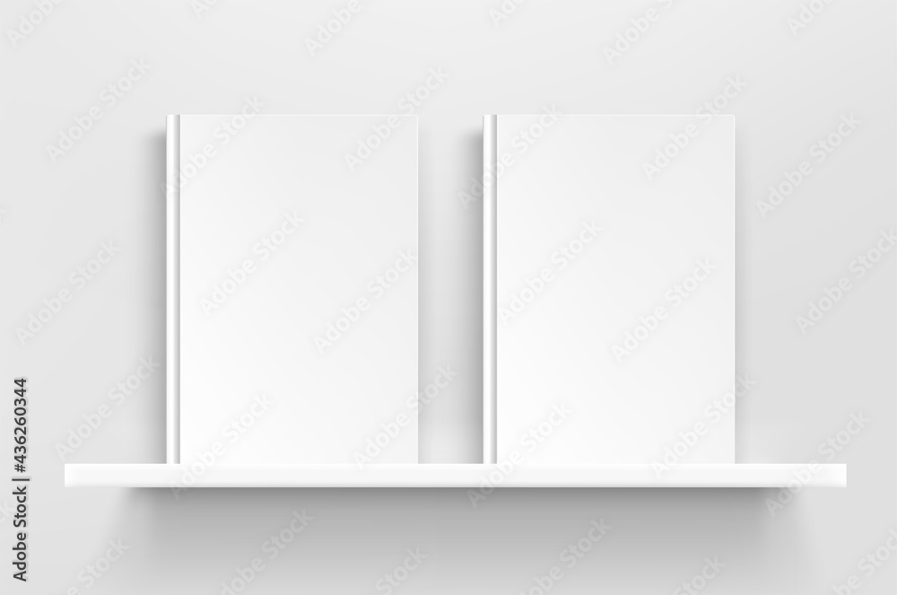 Poster White book on white shelf. 3d style realistic vector mock up