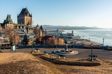 View of the St Denis terrace with the Frontenac castle and the St Lawrence river in background, Quebec city, Quebec, Canada