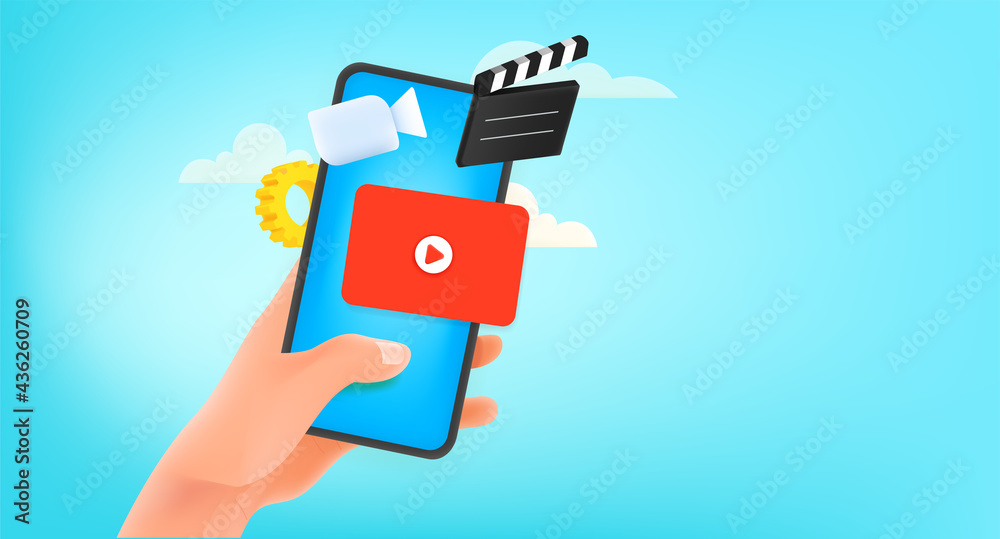 Poster man using video hosting application on smartphone