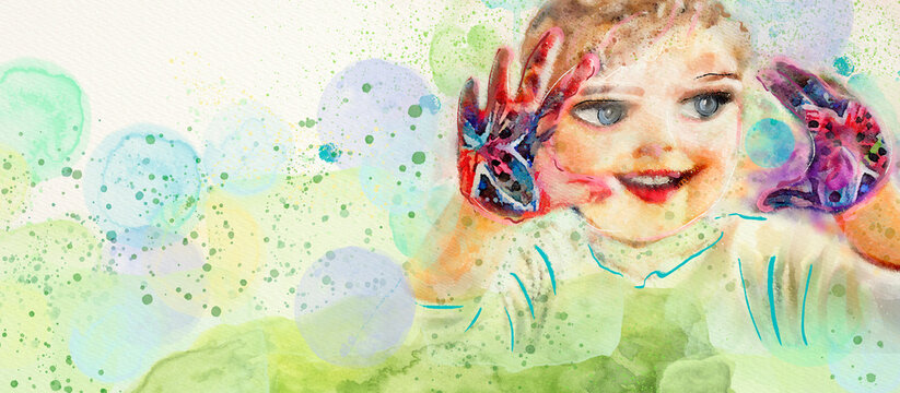 Creative little girl. Watercolor background