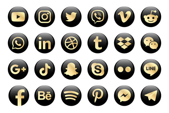 MAGELANG, INDONESIA - MAY 28, 2021: Golden Facebook, Instagram, Twitter, Youtube, WhatsApp, Dribble, Tiktok, Linkedin, Google plus, and many more golden collection of popular social media icons.