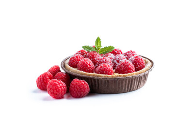 Fresh homemade fruit tart with raspberry and lemon curd isolated on white
