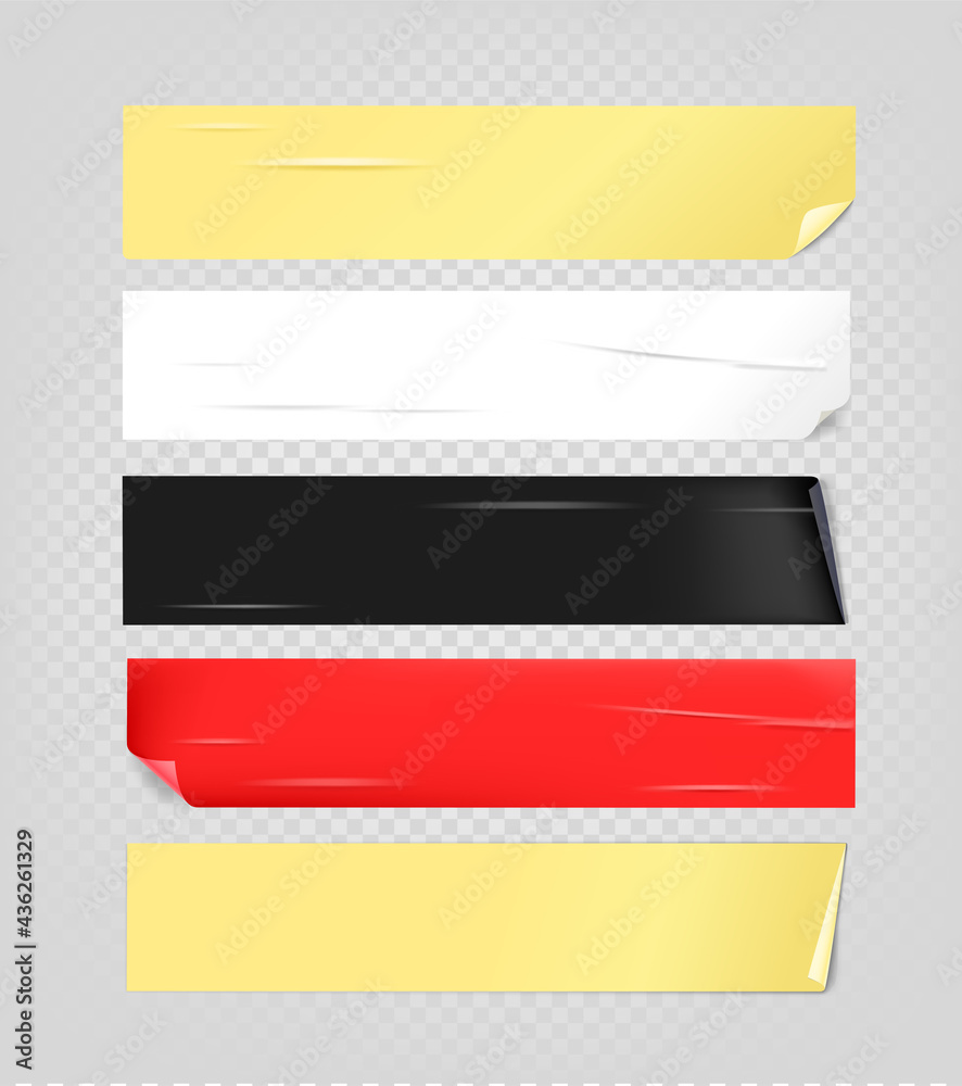 Poster color paper stickers with bending corners and glue effect vector set
