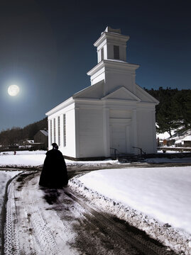 church at night in winter