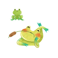 Fototapeta premium Watercolor funny Toad relaxing with reed and little friend. High quality photo isolated on white background