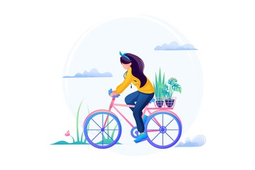 Courier Girl Delivers Flowers On a Bicycle. Fast And Convenient Delivery. Flat 2D Web Design