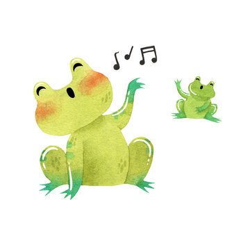 Watercolor funny Toad happy sings song. High quality photo isolated on white background