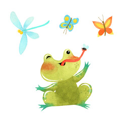 Watercolor funny Toad happy eats fly and insects. Dragonfly and butterflies. High quality photo isolated on white background