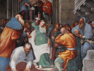 Fototapeta na wymiar la disputa di Santa Caterina d'Alessandria (particolare); affresco del Pordenone nella basilica di Santa Maria di Campagna a Piacenza