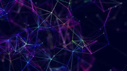 Abstract digital communication points. Technological background. Network connection structure. Color plexus effect. 3D