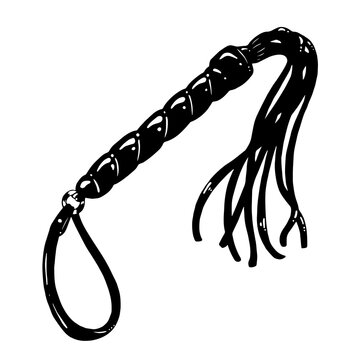 BDSM hand drawn flogger whip. Isolated on white background. Black and white illustration