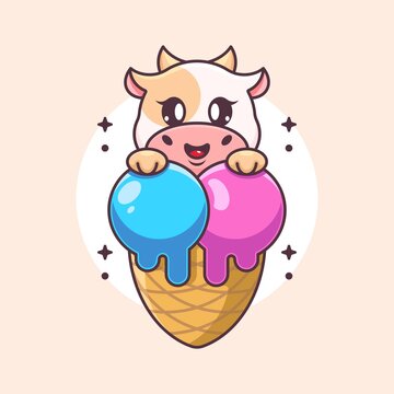 Cute cow with ice cream cone cartoon