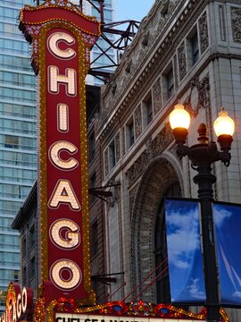  The iconic marquee of the Chicago Theater, which is on the  National Register of Historic Places.