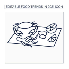 Seafood boils line icon. Fresh crab, lemon, clams. Boiled in flavorful broth. Season dish. Food trends concept. Isolated vector illustration. Editable stroke