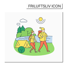 Friluftsliv color icon. Family hiking. Man and woman walking near river. Camping. Nice weather. Nature landscape. Nordic outdoor activities concept.Isolated vector illustration