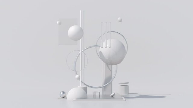 White glossy, metallic, glass geometric shapes. White background. Abstract animation, 3d render.	