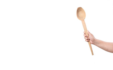 woman hand holding wooden spoon isolated on white background