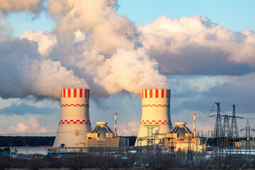Nuclear power plant, Cooling tower of Atomic nuclear power station. Industrial zone with nuclear...