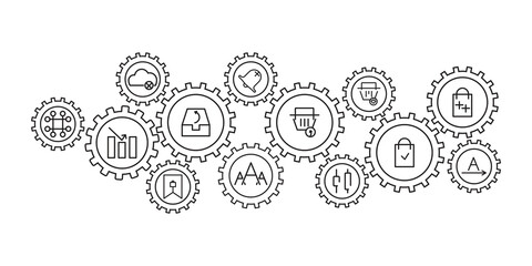 Web development line vector illustration.Concept with linked icons related to web promotion and development