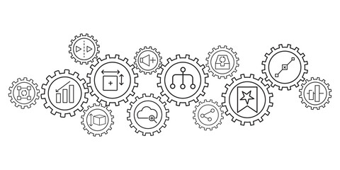 Web development line vector illustration.Concept with linked icons related to web promotion and development