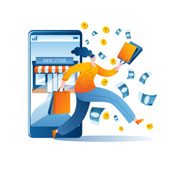 A woman in modern clothes comes out with purchases from an online store in a smartphone. Concept vector illustration in flat style on the topic of e-Commerce.