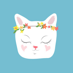 Cute little pretty white cat with flower wreath and closed eyes. Adorable happy kitten.