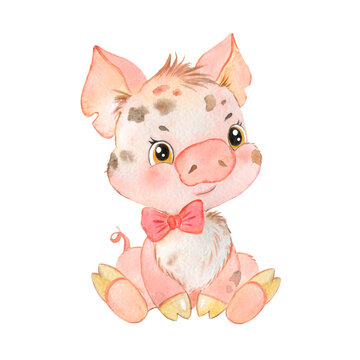 Little pig watercolor illustration. Pet, pink piglet, pig, baby print, baby animal. 