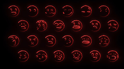 3D rendering of a set of 24 emoji with glow effects