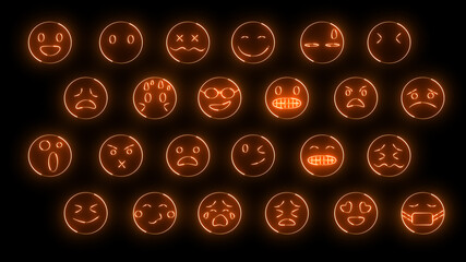 3D rendering of a set of 24 emoji with glow effects