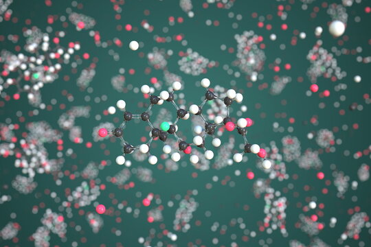 Molecule of Fludrocortisone. Molecular model, conceptual 3d rendering
