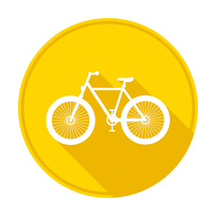 White bicycle on a yellow background. Round icon. 