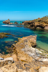 Coast of Plage du Port Vieux on a summer afternoon. Municipality of Biarritz, department of the Atlantic Pyrenees. France