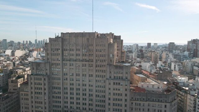 Aerial rising over the Faculty of Medicine, part of the famous public University of Buenos Aires, Argentina