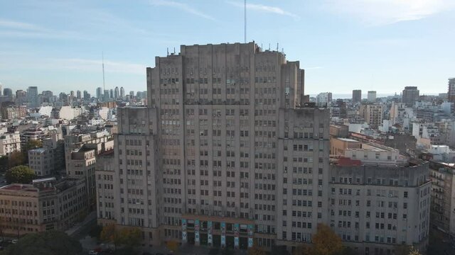 Aerial dolly out of the Faculty of Medicine, part of the public renowned University of Buenos Aires