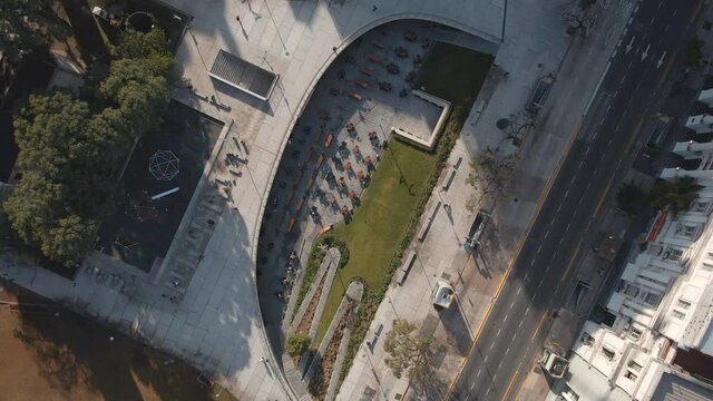 Aerial top down of Houssay Square near public Faculty of Economic Sciences, part of the University of Buenos Aires
