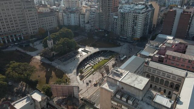 Aerial pan left of Houssay Square surrounded by the Faculties of Medicine and Economic Sciences, Buenos Aires