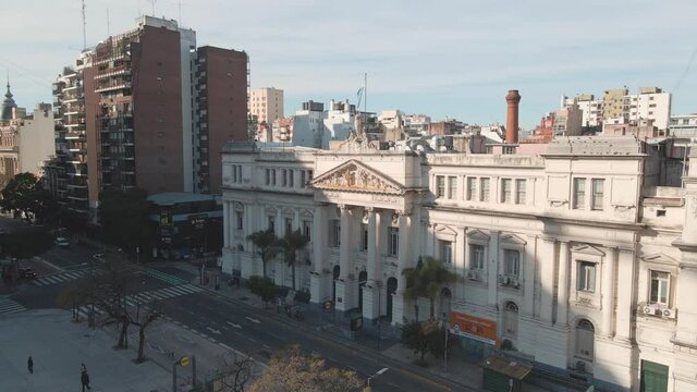 Aerial pan left of Faculty of Economic Sciences, part of the public renowned University of Buenos Aires