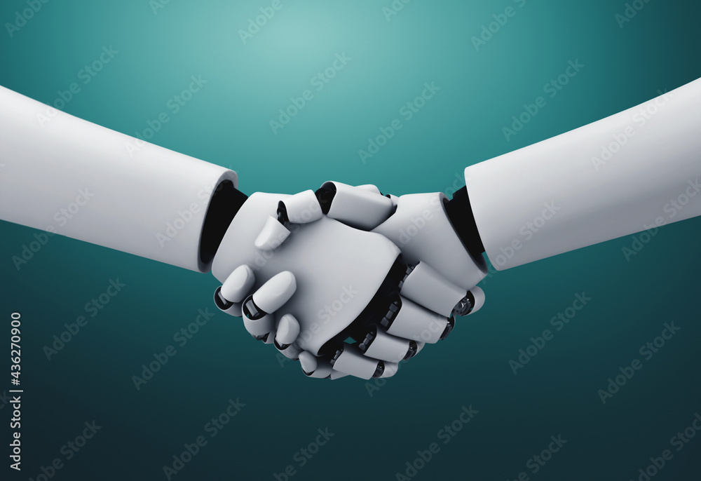 Poster 3d rendering humanoid robot handshake to collaborate future technology development by ai thinking br
