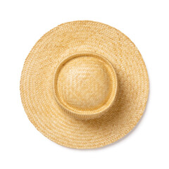 Yellow wide brimmed straw hat isolated on white background. Design element for modern eco-friendly accessory for beach, vacation and travel. Summer vintage classic straw hat.