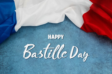 Fototapeta na wymiar Happy Bastille Day. 14th July. Flag of France on a blue background with text. Celebrating a public holiday. Independence Day. Greeting card or banner. Top view. Layout