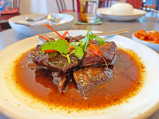 Phuket style Stewed pork belly (Moo Hong), famous Phuket local dish. Selective focus