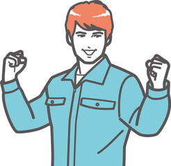 ガッツポーズする作業服の男性④