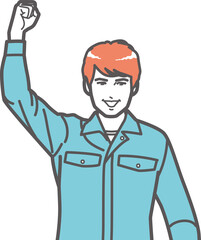 ガッツポーズする作業服の男性⑥