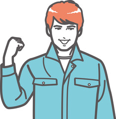 ガッツポーズする作業服の男性⑦