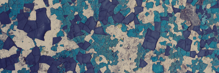 Naklejka premium Peeling paint on the wall. Panorama of a concrete wall with old cracked flaking paint. Weathered rough painted surface with patterns of cracks and peeling. Wide panoramic grungy texture for background