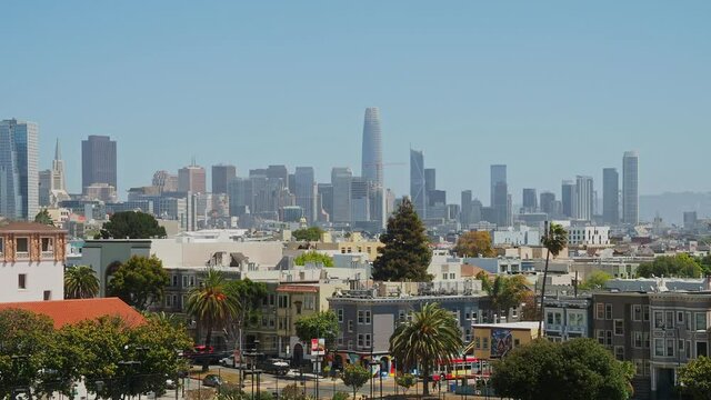 Sunny view of the skyline of San Francisco and cityscape