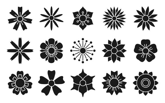 Silhouette black retro flowers vector flat icon set isolated on white background. Set for postcards, stickers, design room, t-shirts, notepads, notebook and scrapbooking. Simple glyph