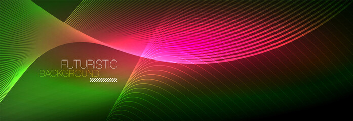 Abstract neon glowing light in the dark with waves. Shiny magic energy and motion concept, vector abstract wallpaper background