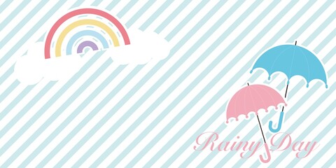 Rainy day concept illustration. Umbrellas and Rainbow decoration on blue background. Rainy day decorative template for banner, web and background design. Vector illustration.