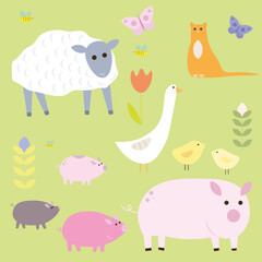 Countryside. Inhabitants of the farm: a sheep, pigs, chickens, goose, butterflies, bees and a ginger cat. Children's illustration.